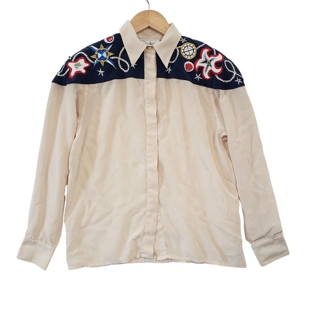 Vintage Silk Button‎ Down Shirt Womens 8 Cream Nautical Leather Patch Embroidery